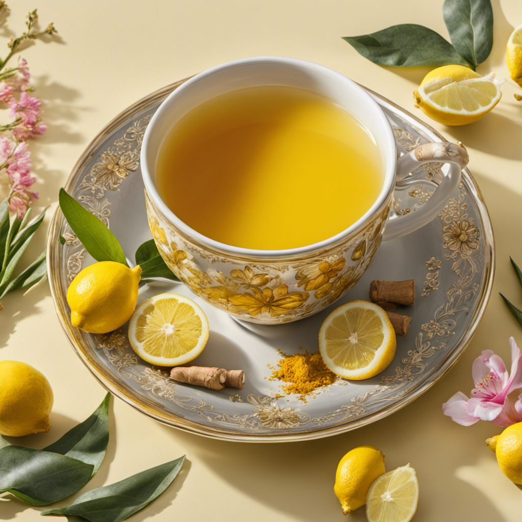 An image of a steaming cup of lemon ginger turmeric tea, gently swirling with vibrant yellow hues
