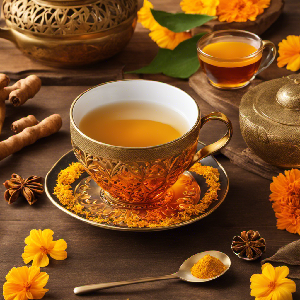 An image showcasing a steaming cup of Pukka Turmeric Glow Tea, radiating warm hues of vibrant yellow and orange