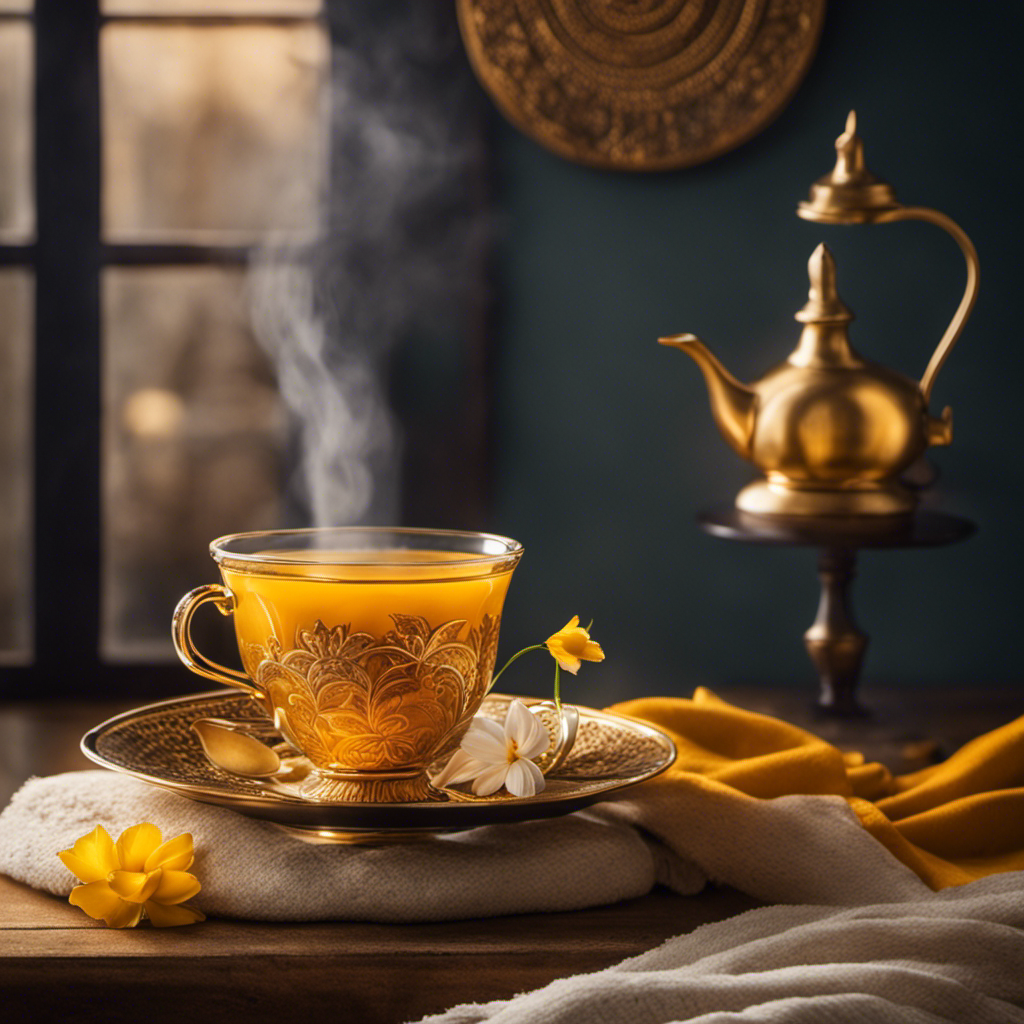 An image showcasing a cozy bedroom scene, with a steaming cup of golden turmeric tea on a nightstand, casting a warm glow, as a person peacefully dozes off under a soft blanket