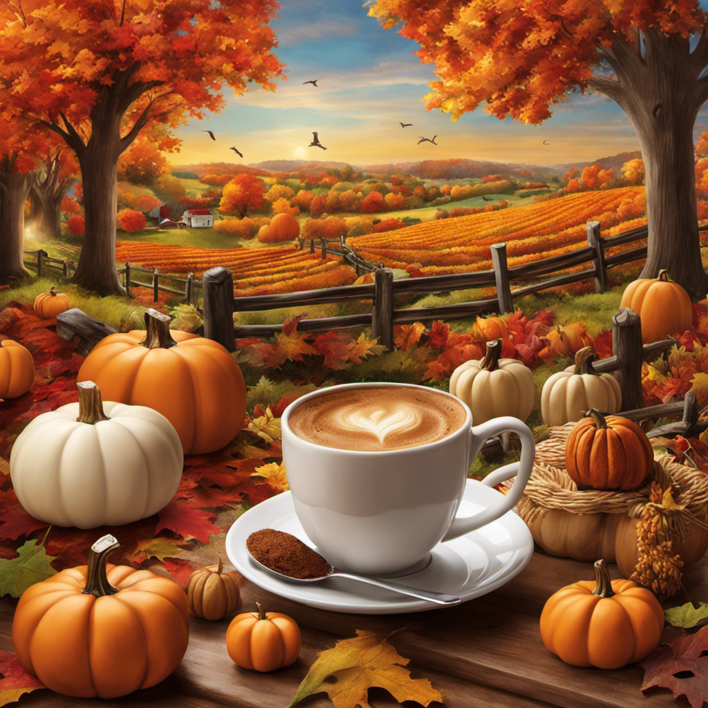 An image showcasing a cozy autumn scene with a steaming cup of Nespresso Pumpkin Spice coffee, surrounded by vibrant fall foliage and a tranquil pumpkin patch, inviting readers to ponder the possibility of a decaf version