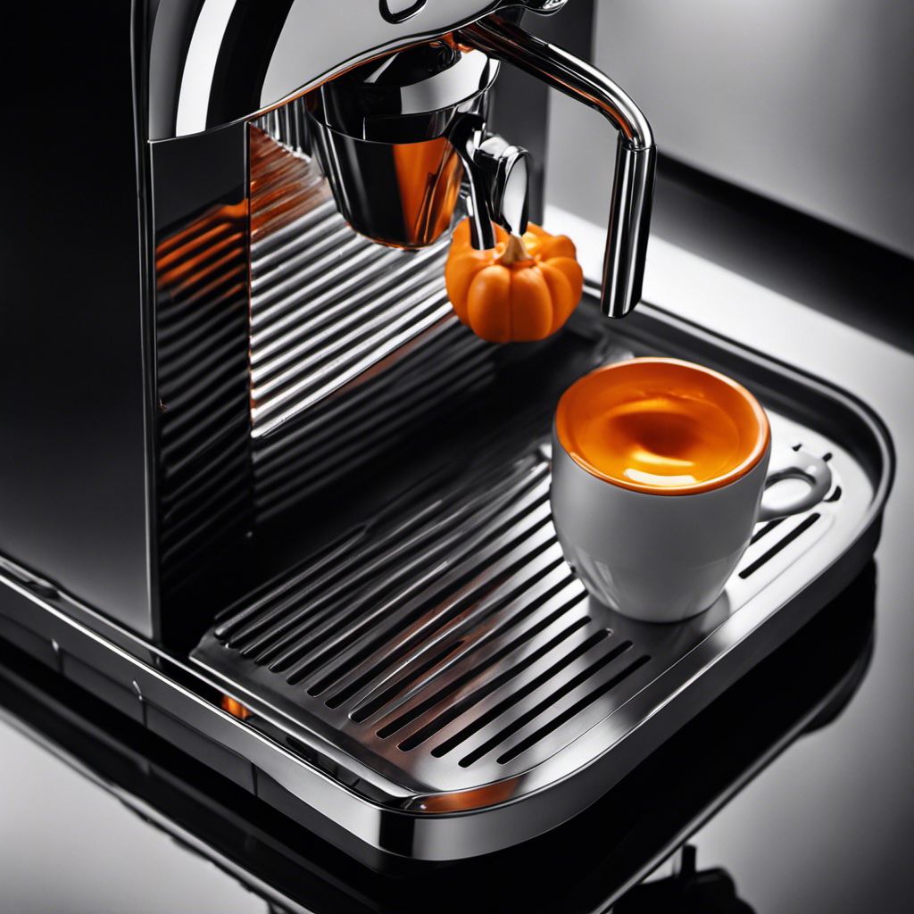 An image showcasing a close-up shot of a Nespresso machine, with a pumpkin sliced in half being placed into the coffee capsule holder