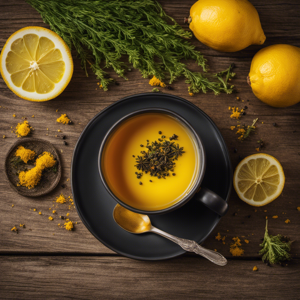 An image of a steaming cup filled with vibrant yellow turmeric tea, garnished with a sprinkle of black pepper and a slice of lemon
