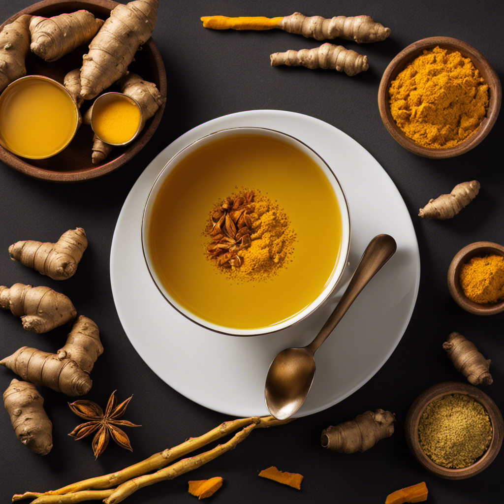 An image showcasing a vibrant, steaming cup of turmeric and ginger tea, brimming with rich golden hues