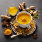 An image showcasing a vibrant cup of steaming turmeric and ginger tea, surrounded by freshly crushed spices, radiant yellow turmeric roots, and fragrant ginger slices