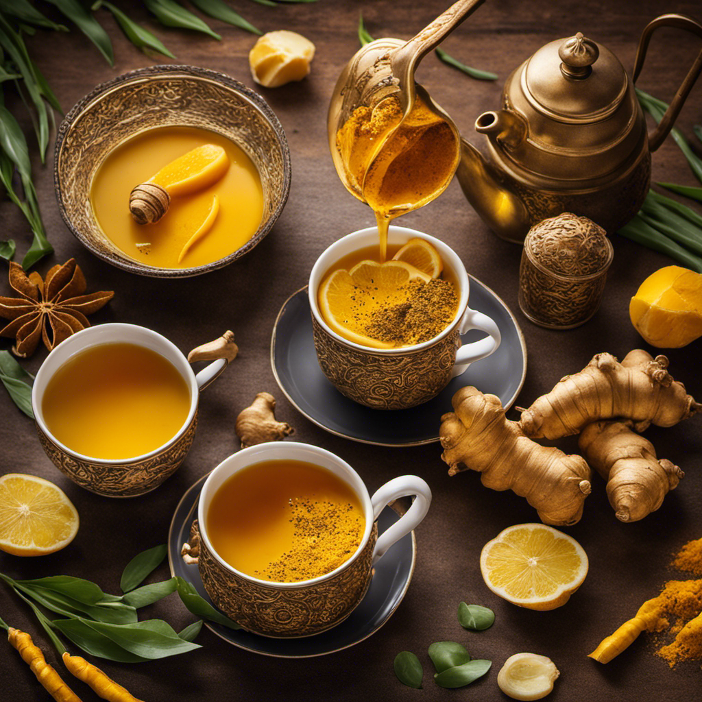 An image featuring a vibrant cup of turmeric ginger tea, steam gently rising from the golden liquid, adorned with slices of fresh ginger and a sprinkle of turmeric powder