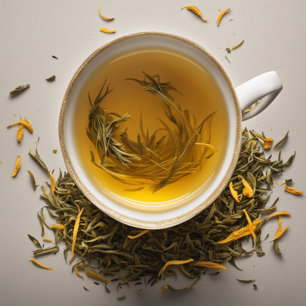 An image showcasing a steaming cup of vibrant yellow tea, with aromatic wisps rising from it