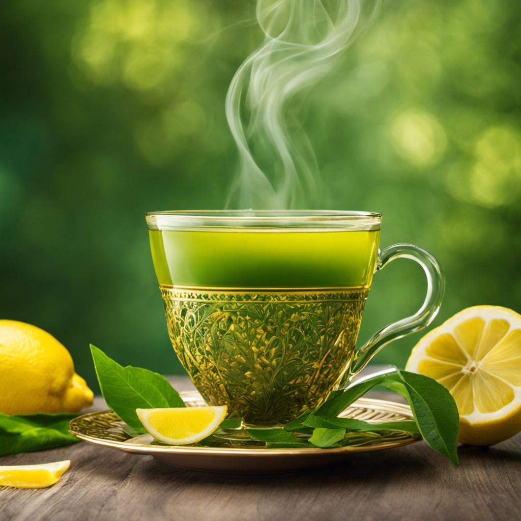 An image showcasing a steaming cup of vibrant green turmeric tea, infused with fresh lemon slices and honey