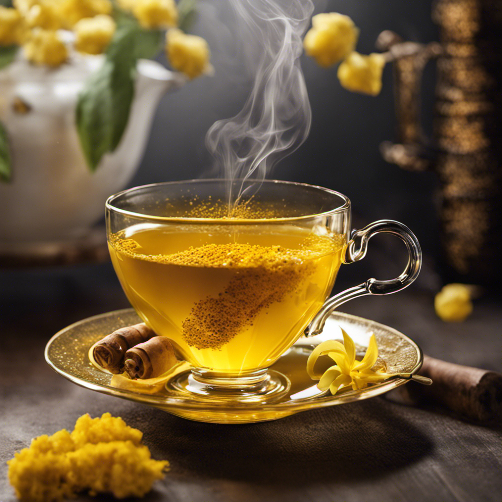 An image showcasing a vibrant yellow teacup filled with steaming turmeric tea