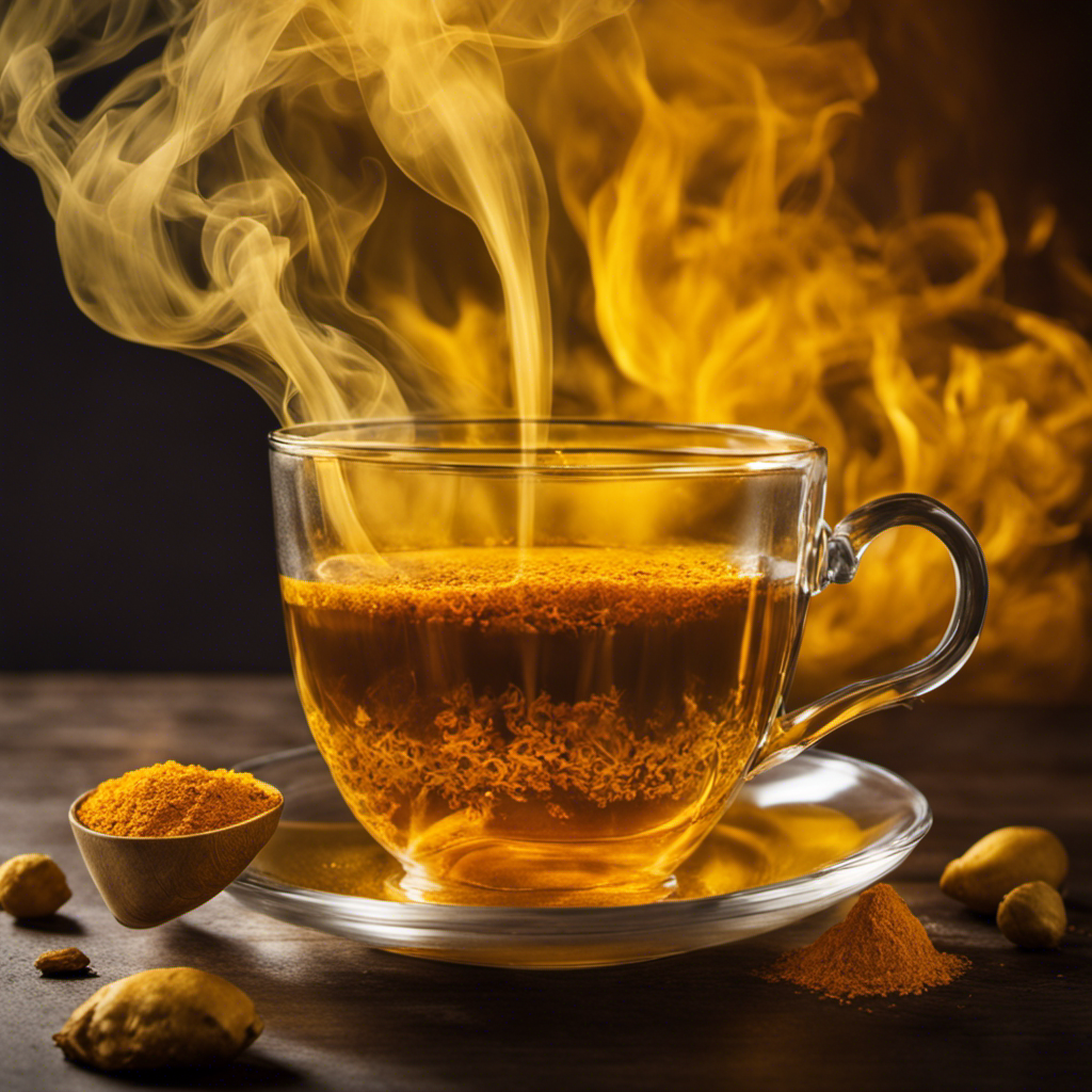 An image showcasing a vivid close-up of a steaming cup of golden turmeric tea, gently diffusing its vibrant color into surrounding water, inviting contemplation on the absorption of its potent health benefits