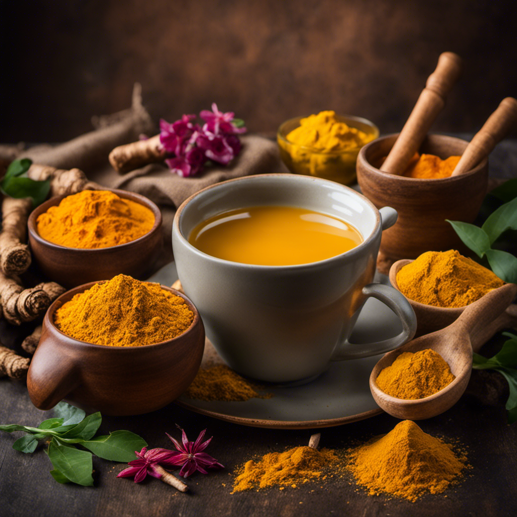 An image featuring a cozy cup of steaming turmeric tea, complemented by a vibrant assortment of freshly ground turmeric roots, illustrating the debate between the effectiveness of turmeric tea and turmeric supplements