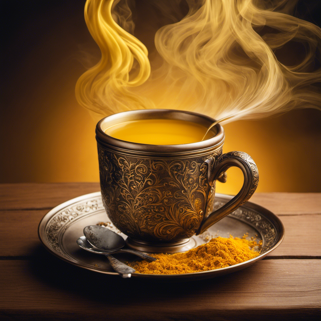 An image showcasing a steaming cup of vibrant yellow turmeric tea, gently swirling with delicate wisps of steam rising from the surface
