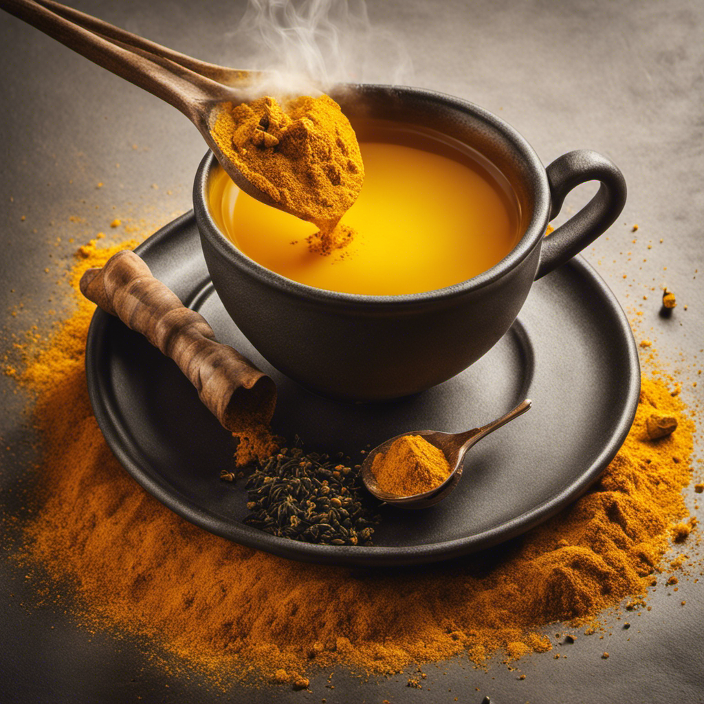 An image featuring a steaming cup of turmeric tea brewed from a tea bag, with vibrant yellow hues radiating from the cup