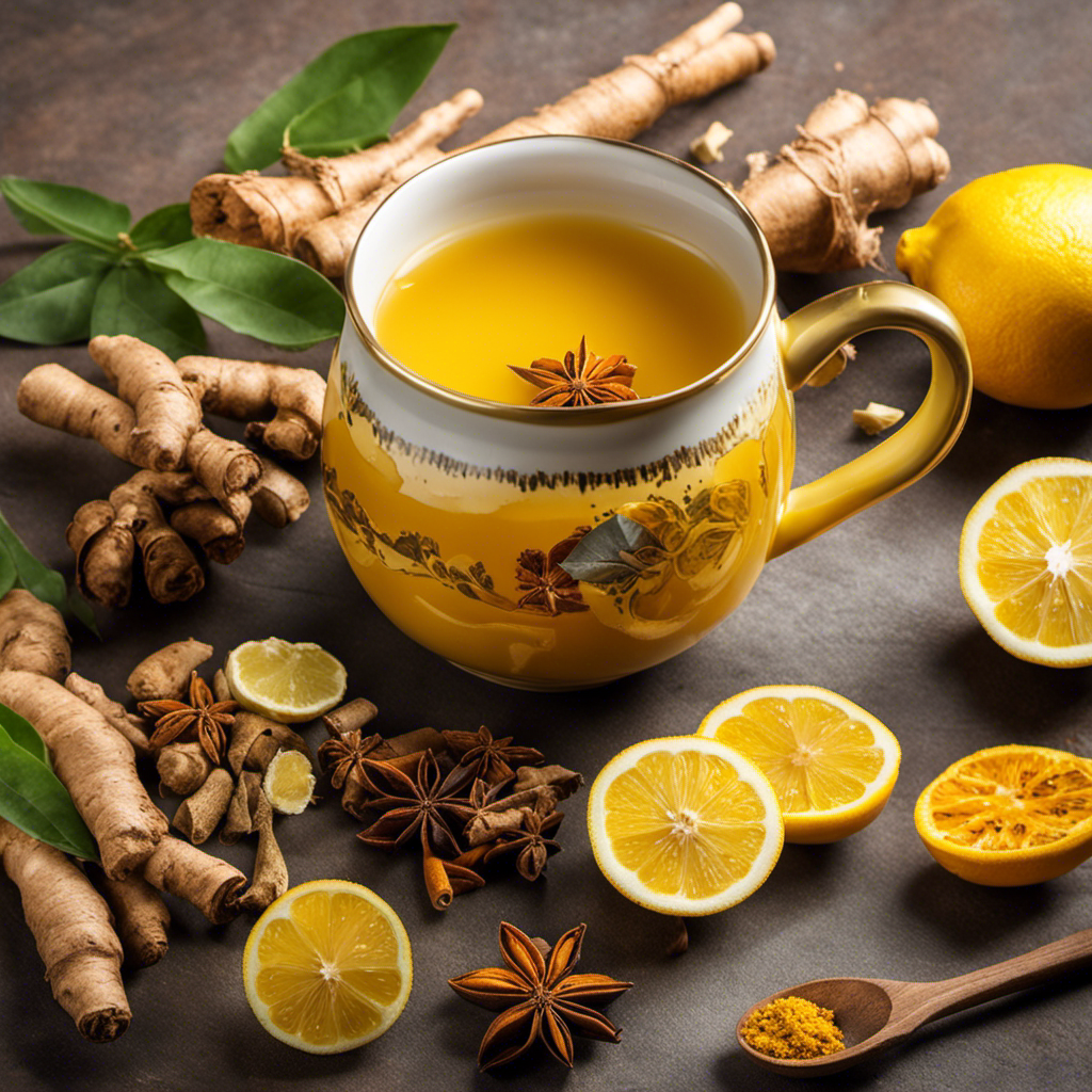 An image depicting a steaming cup of vibrant yellow turmeric tea, surrounded by sliced lemons, ginger roots, and a scattering of whole spices, evoking warmth, comfort, and the potential benefits of turmeric tea for a cold