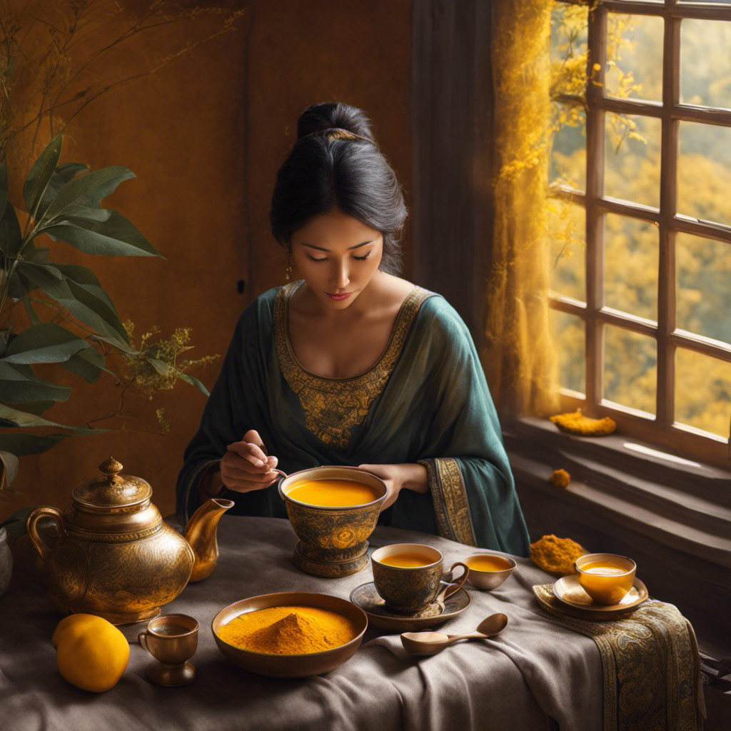 An image depicting a cozy scene in which a person is gently sipping on a steaming cup of turmeric tea, their relaxed posture and serene expression conveying relief and comfort for a sore stomach