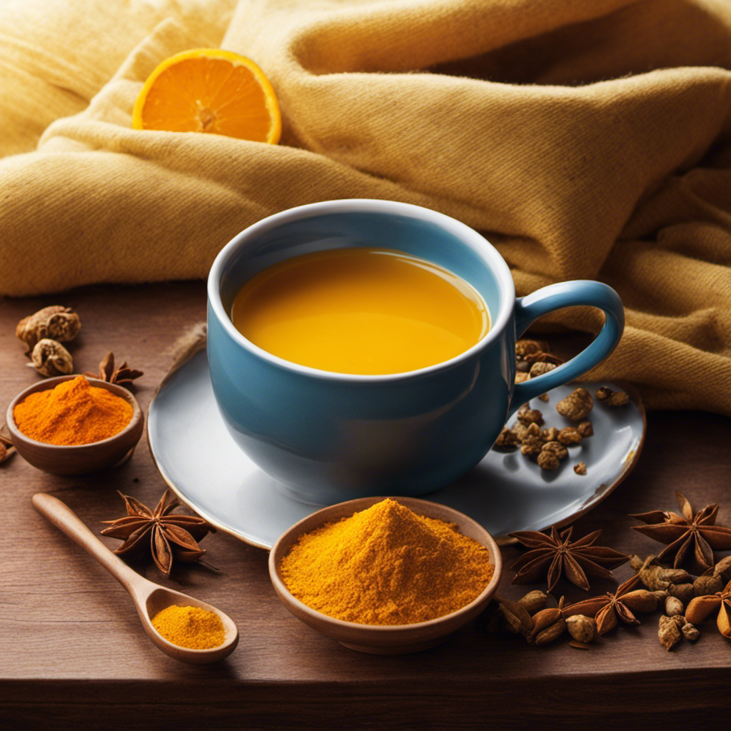 An image of a cozy, steaming mug of golden turmeric tea surrounded by vibrant yellow and orange spices