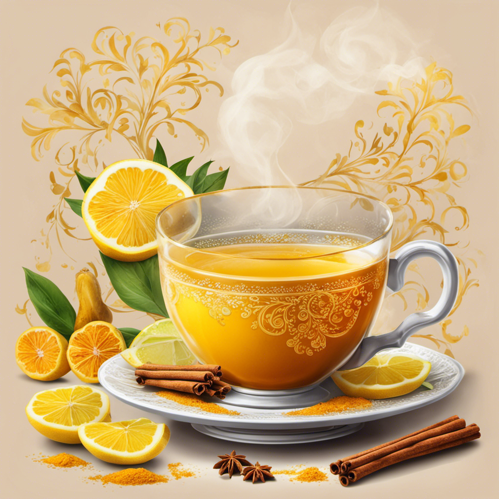 An image showcasing a warm, vibrant cup of turmeric tea, adorned with a slice of lemon and a sprinkle of cinnamon