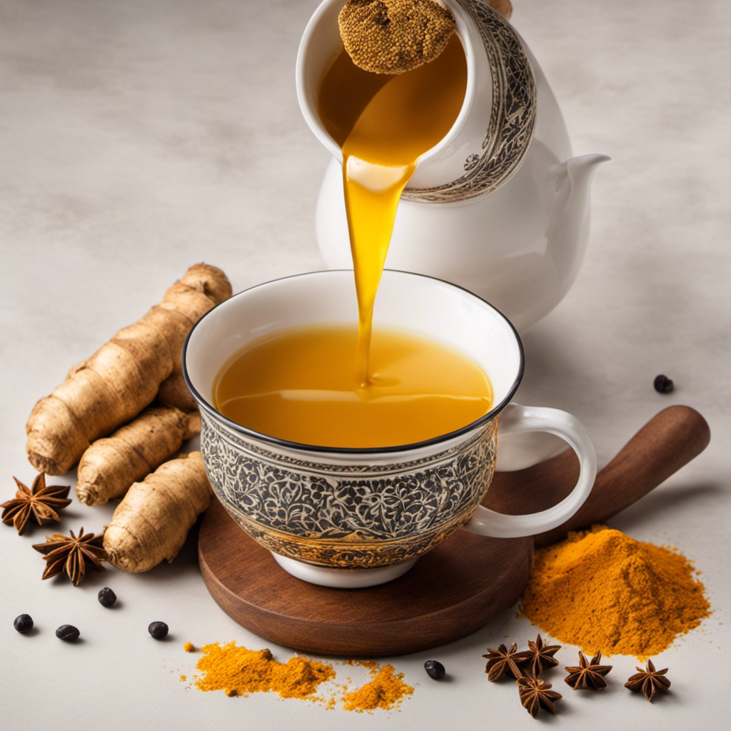 Nt image of a steaming cup of turmeric tea, filled to the brim with golden, aromatic liquid