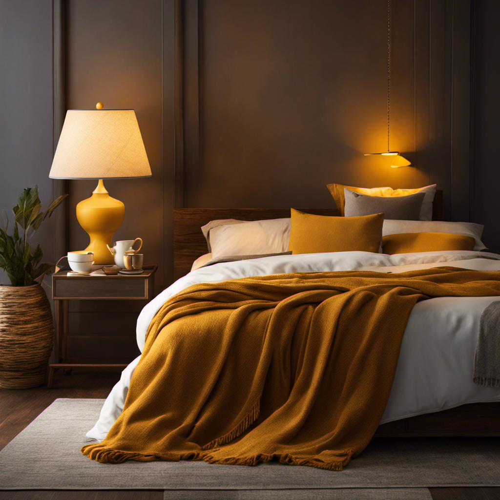 An image depicting a serene bedroom scene with a warm cup of turmeric tea on a nightstand, surrounded by cozy blankets and a dimly lit lamp, evoking a peaceful ambiance conducive to a restful night's sleep