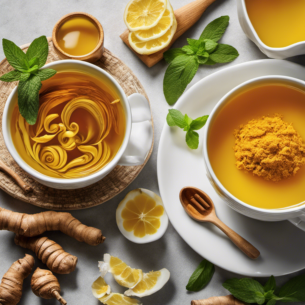 An image showcasing a steaming cup of vibrant yellow turmeric tea, gently swirling amidst a backdrop of fresh ginger slices, soothing honey, and a sprig of fragrant mint, evoking comfort and relief for a sore throat