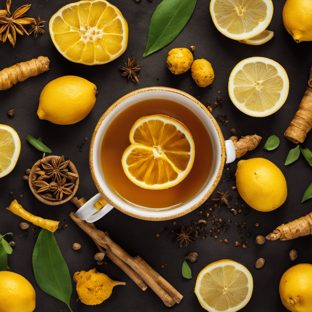 An image of a cozy mug filled with vibrant golden turmeric tea, steam gently rising, surrounded by fresh whole turmeric roots, sliced lemons, and a sprinkle of black pepper, evoking the soothing warmth and potential health benefits of this ancient beverage