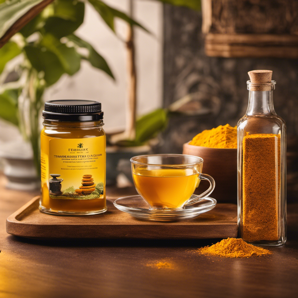 An image showcasing a cup of steaming turmeric tea next to a bottle of turmeric supplement, emphasizing their vibrant yellow hues