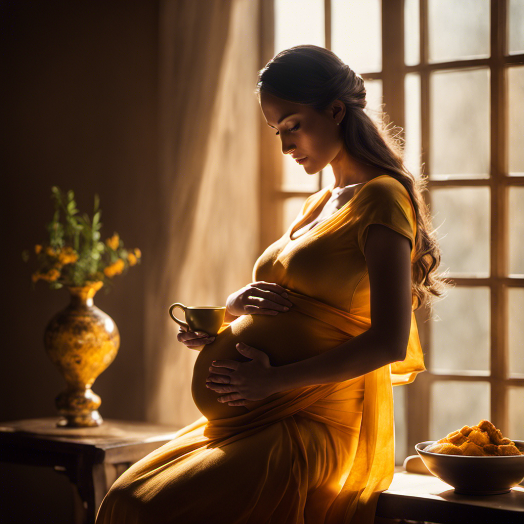 An image showcasing a serene, expectant mother savoring a steaming cup of turmeric tea, her hands gently cradling her baby bump