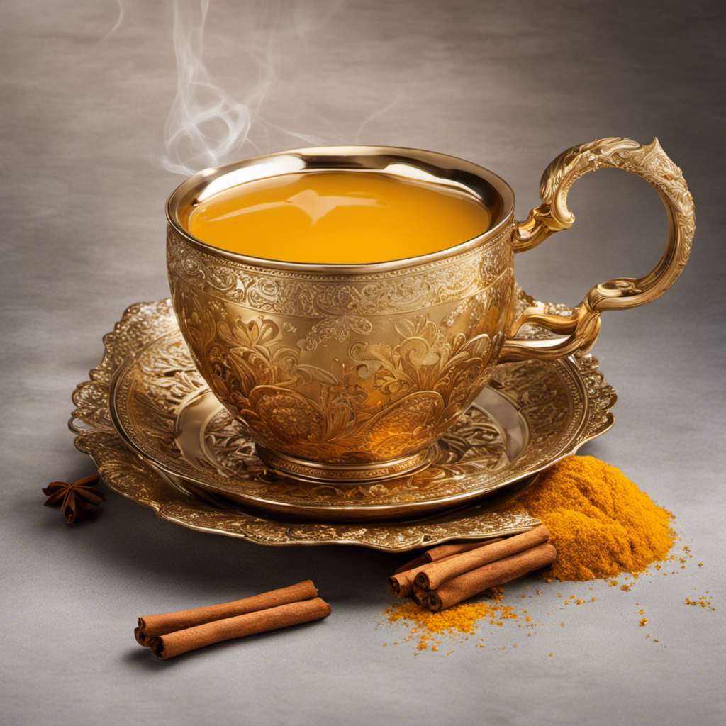 an image that showcases the vibrant golden hues of freshly brewed turmeric tea, with steam rising from a delicate teacup adorned with a sprinkle of cinnamon, evoking warmth and wellness