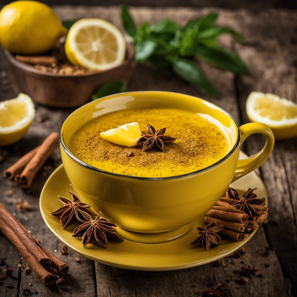 An image that showcases a vibrant yellow teacup filled with Jamie Oliver's Turmeric Tea recipe, adorned with a slice of lemon and a sprinkle of cinnamon, set against a rustic wooden backdrop