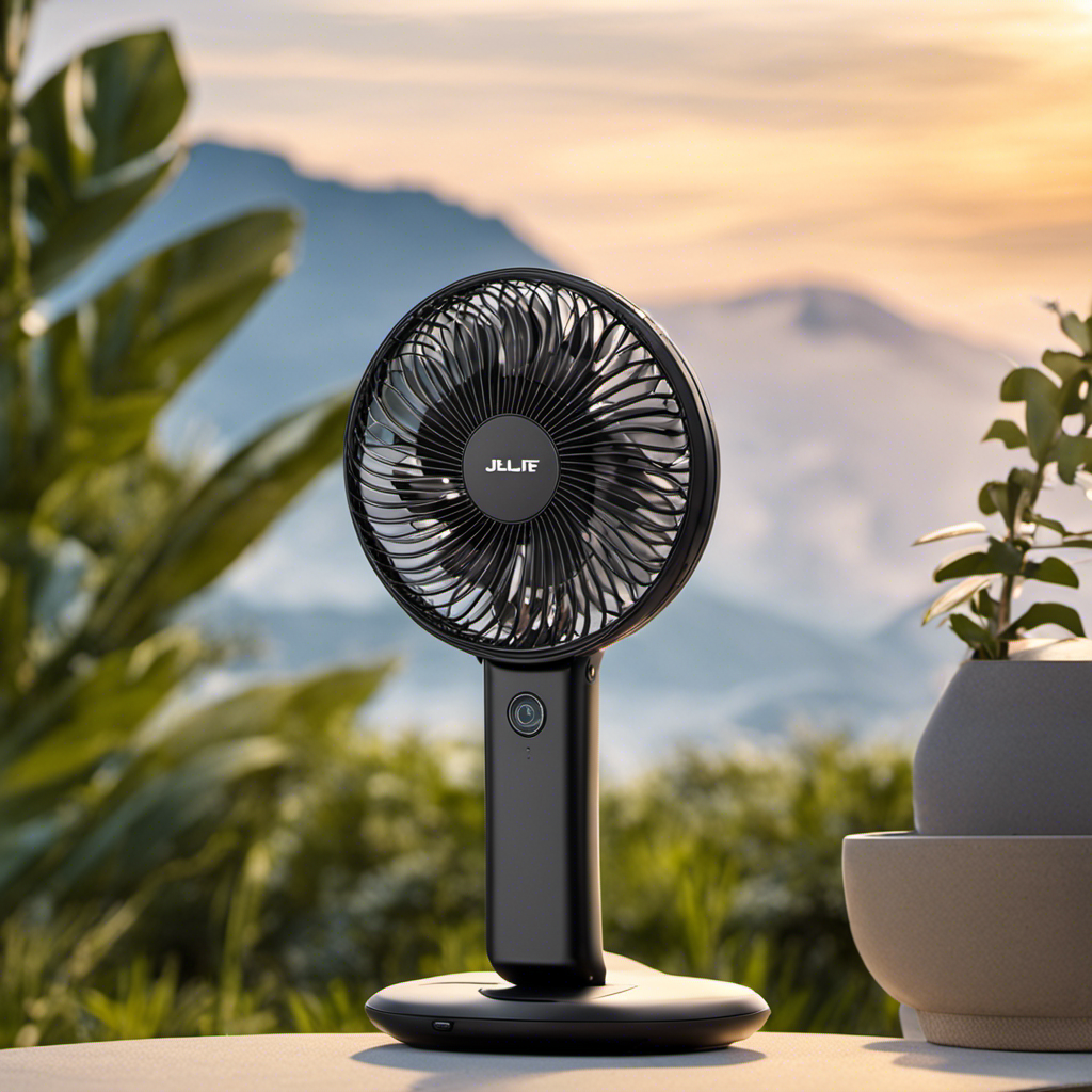 An image capturing the JISULIFE Portable Neck Fan in action: a sleek, ergonomic design with adjustable fan speed, emitting a refreshing breeze, as the wearer, blissfully cool, enjoys outdoor activities