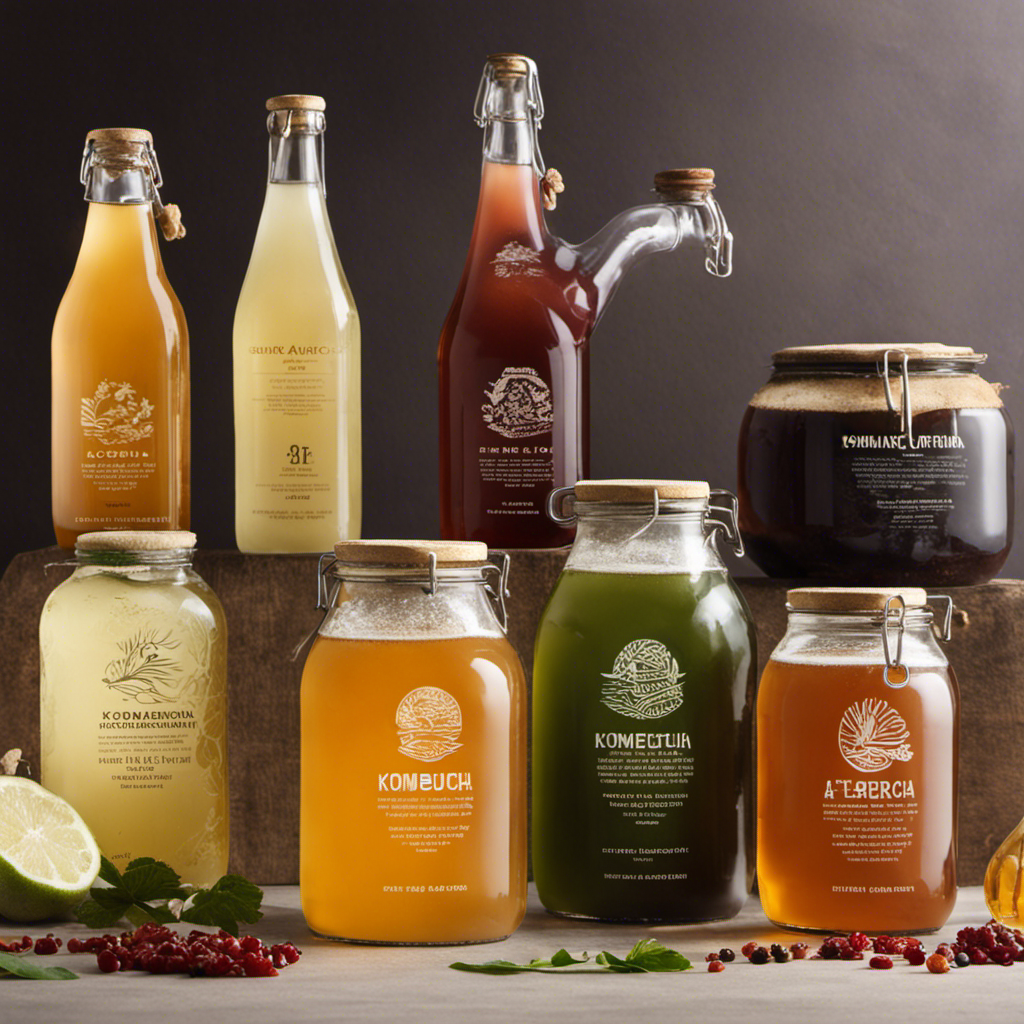 An image showcasing the evolution of Kombucha, starting with ancient fermentation techniques used by East Asian cultures, progressing to modern-day production methods, and culminating in a global phenomenon with various flavored bottles displayed