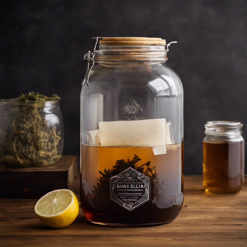 An image showcasing a glass gallon jar partially filled with brewing kombucha