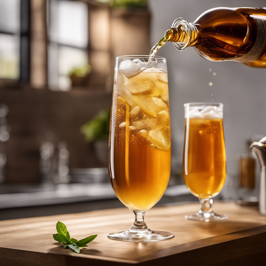 An image showcasing a glass of Kombucha Ginger Tea being poured into a clear, elegant glass