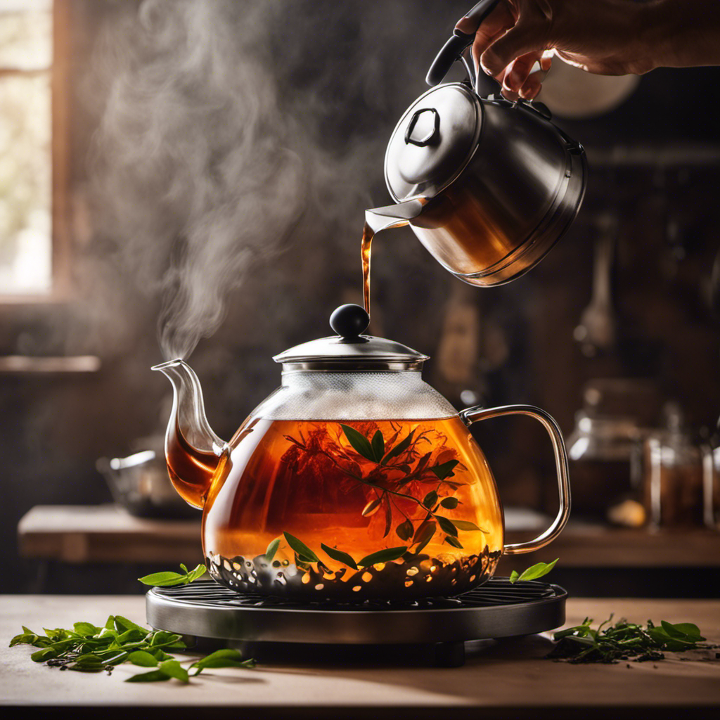 An image showcasing a steaming kettle on a stove, with vibrant tea leaves swirling in the boiling water