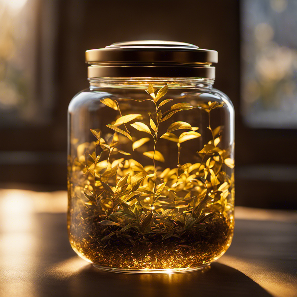An image showcasing a glass jar filled with tea leaves, immersed in shimmering, golden liquid