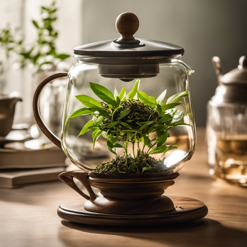 An image showcasing a glass jar filled with loose tea leaves, a scale displaying grams, and a hand holding a tea infuser poised to pour the leaves into a brewing vessel