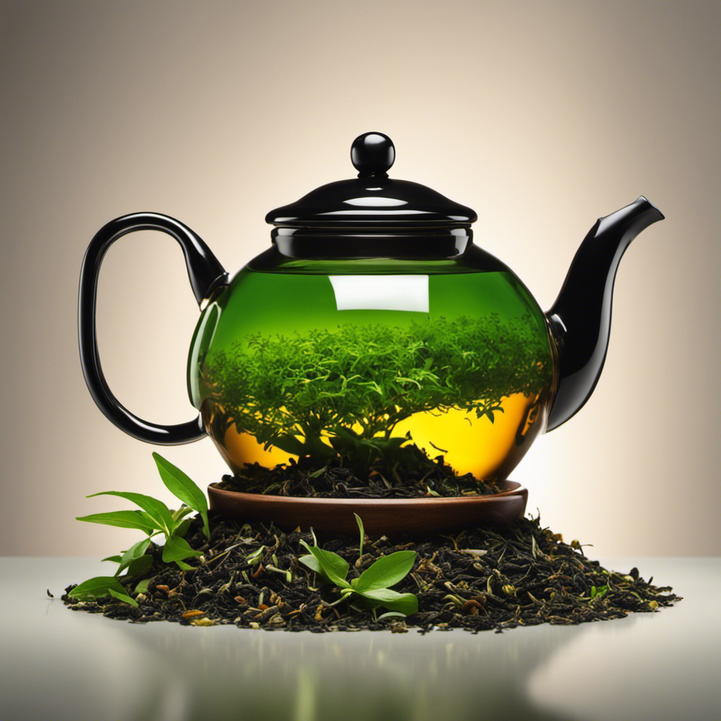 An image showcasing a glass teapot brimming with loose tea leaves, surrounded by various types of tea (green, black, oolong)