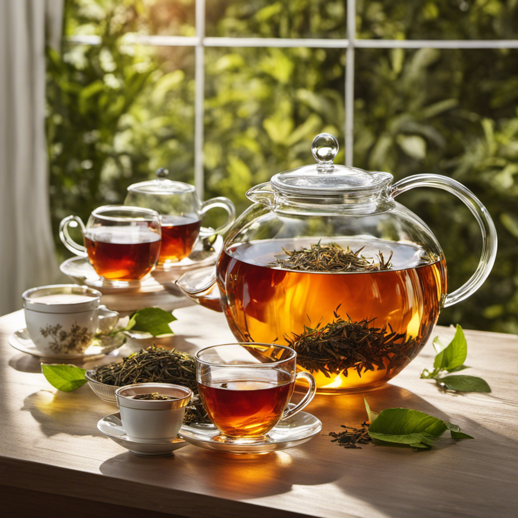 An image showcasing a vibrant glass pitcher filled with precisely measured loose leaf tea leaves, surrounded by 12 delicate tea cups