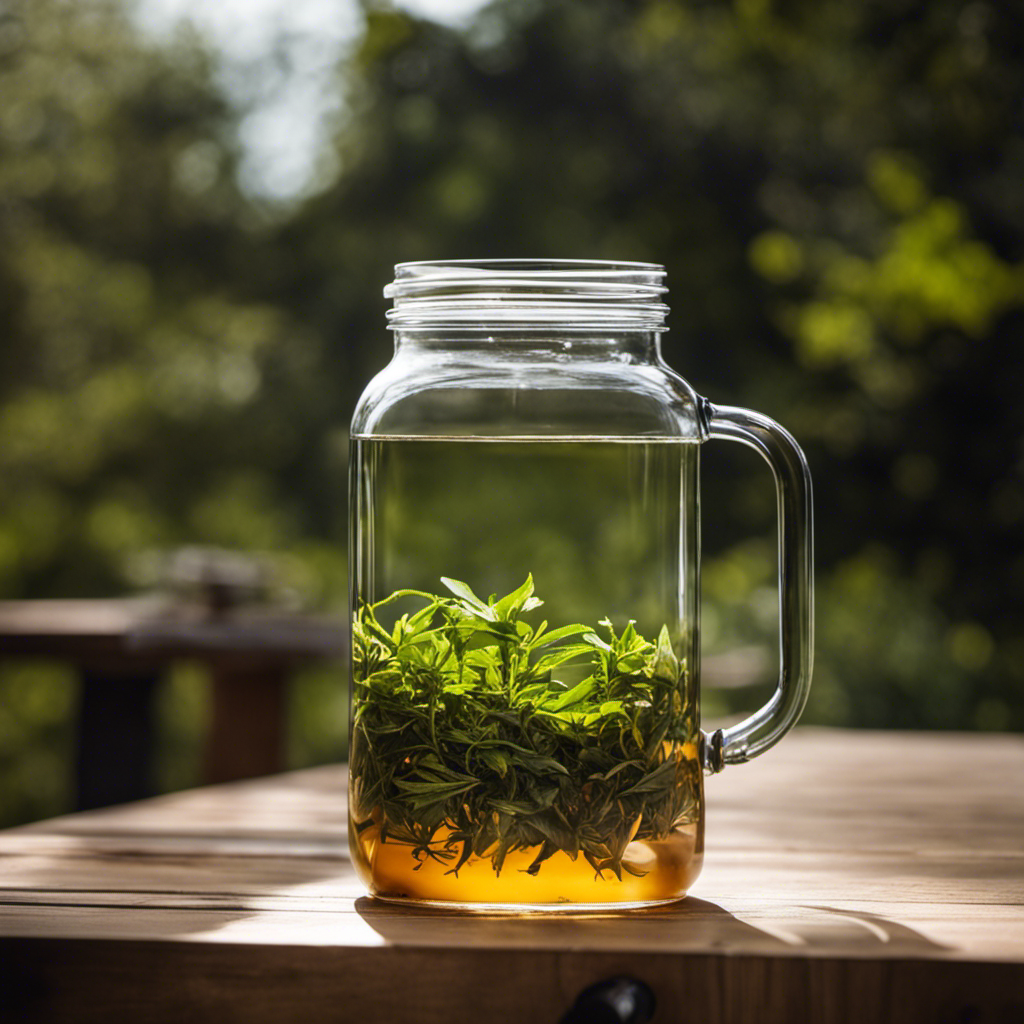 An image showcasing the precise process of brewing kombucha: a glass jar filled with exactly 4 teaspoons of loose tea leaves, immersed in a gallon of water, capturing the essence of the controlled tea-to-water ratio