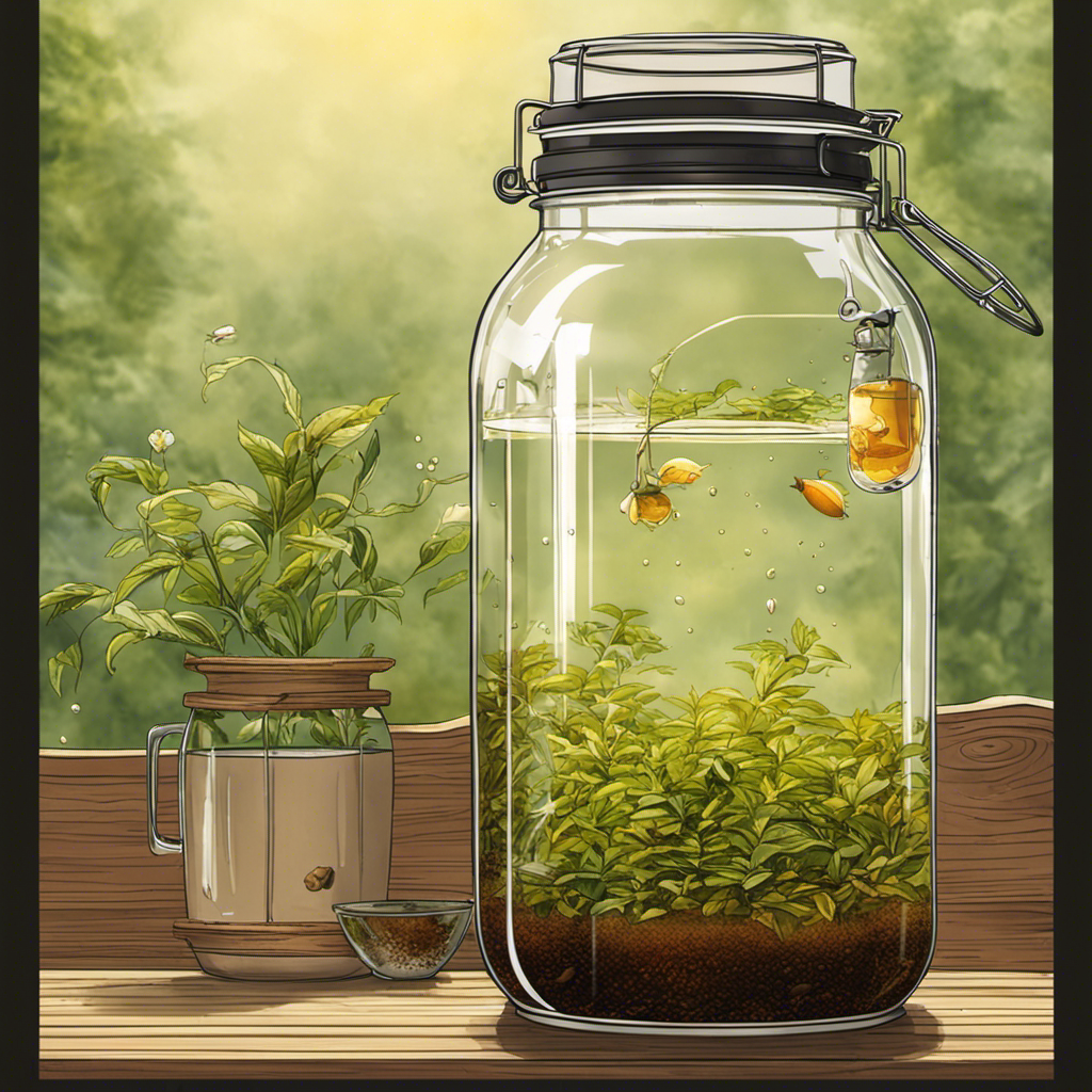 An image showcasing the precise process of brewing kombucha: a glass jar filled with exactly 4 teaspoons of loose tea leaves, immersed in a gallon of water, capturing the essence of the controlled tea-to-water ratio