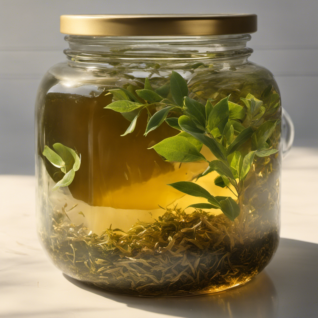 An image of a glass jar filled with a golden-brown Kombucha starter tea, surrounded by lush green tea leaves and a floating SCOBY, with sunlight streaming through a nearby window