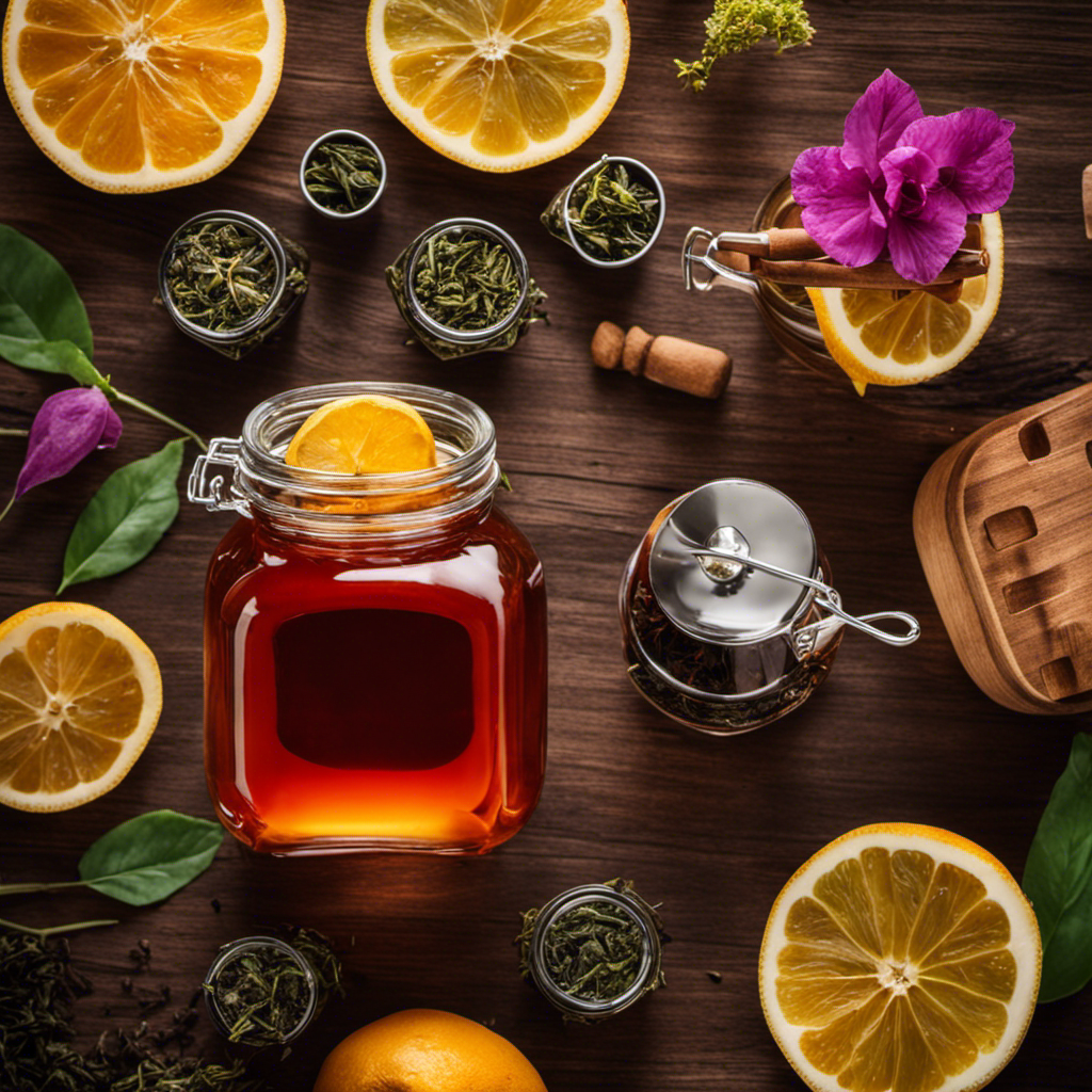 An image showcasing a glass jar filled with freshly brewed kombucha, surrounded by various loose tea leaves in vibrant colors and a sleek metal tea infuser resting on a wooden table