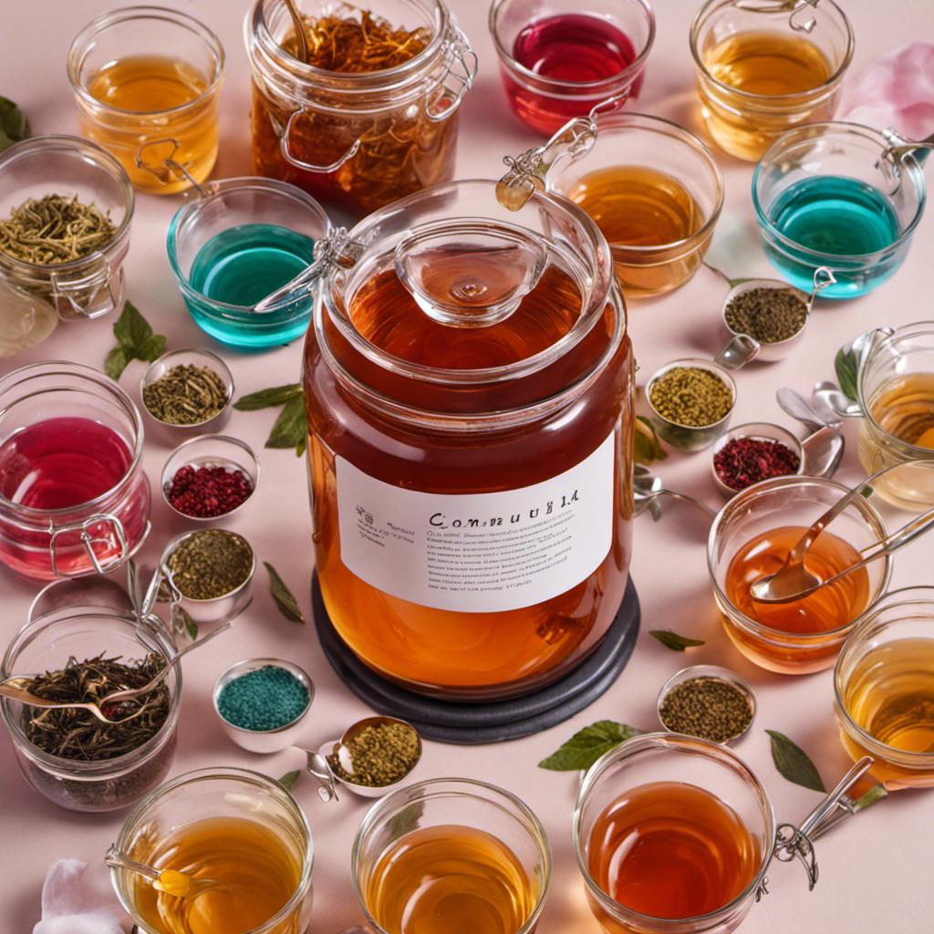 An image showcasing a glass jar filled with vibrant, swirling Kombucha loose tea, surrounded by a selection of measuring cups and spoons of different sizes, evoking curiosity about the tea's ounce measurement