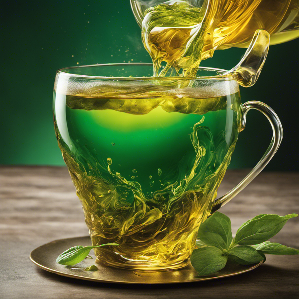 An image capturing the vibrant clash between a swirling, emerald-hued cup of green tea and a sparkling, amber-toned glass of kombucha
