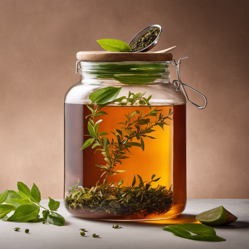 An image showcasing a glass jar filled with freshly brewed kombucha tea, adorned with floating tea leaves and a spoon delicately placed on the side, hinting at the perfect ratio - a visual feast for tea enthusiasts