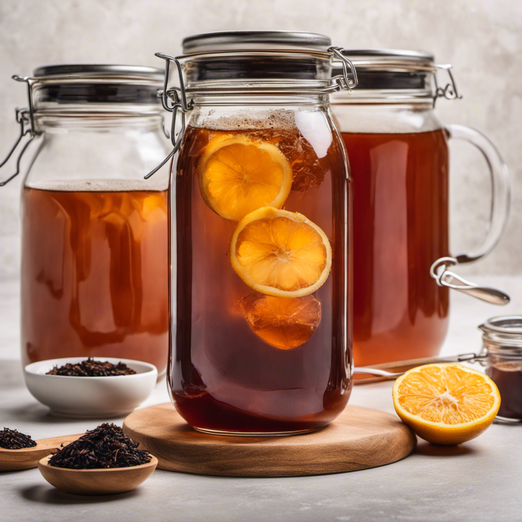An image showcasing the step-by-step process of brewing kombucha tea: a glass jar filled with sweetened black tea, a SCOBY floating on the surface, and a measuring spoon precisely adding tablespoons of sugar