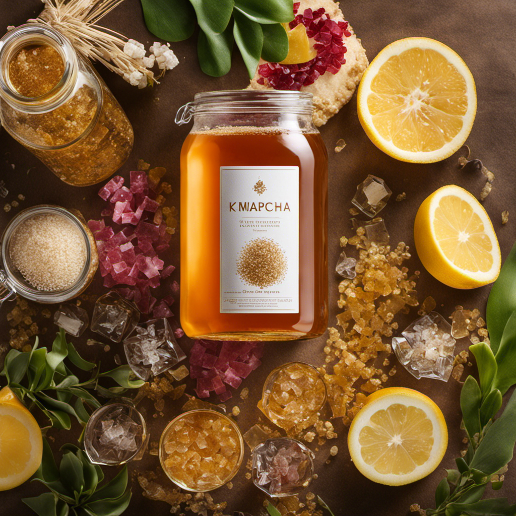 An image showcasing a glass of Kombucha tea, brimming with effervescence, surrounded by a montage of vibrant sugar options: succulent chunks of raw cane, delicate white crystals, and rich golden granules