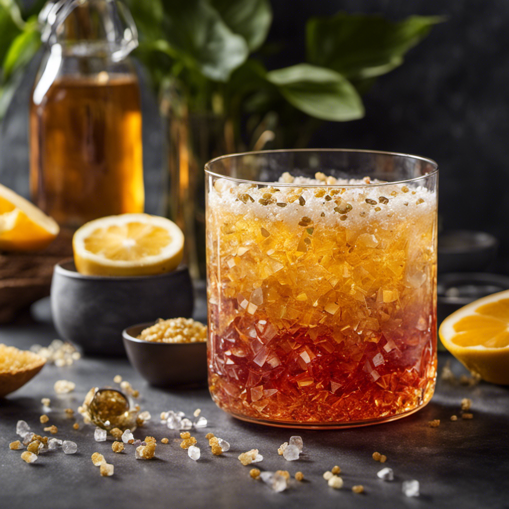 An image showcasing a glass of Kombucha tea, brimming with effervescence, surrounded by a montage of vibrant sugar options: succulent chunks of raw cane, delicate white crystals, and rich golden granules