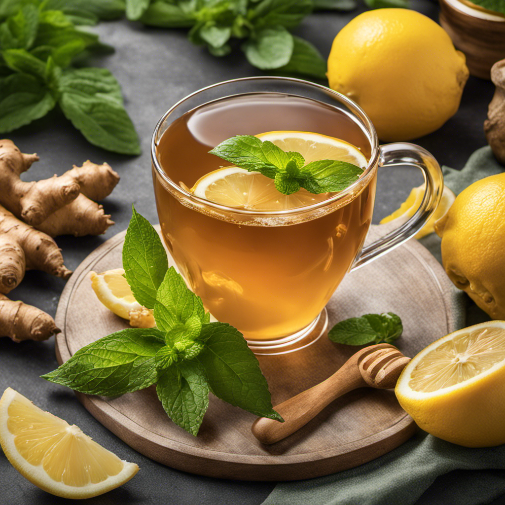 An image depicting a soothing scene with a steaming cup of warm, golden-hued kombucha tea surrounded by vibrant, healing ingredients like fresh ginger, lemon slices, and a sprig of mint