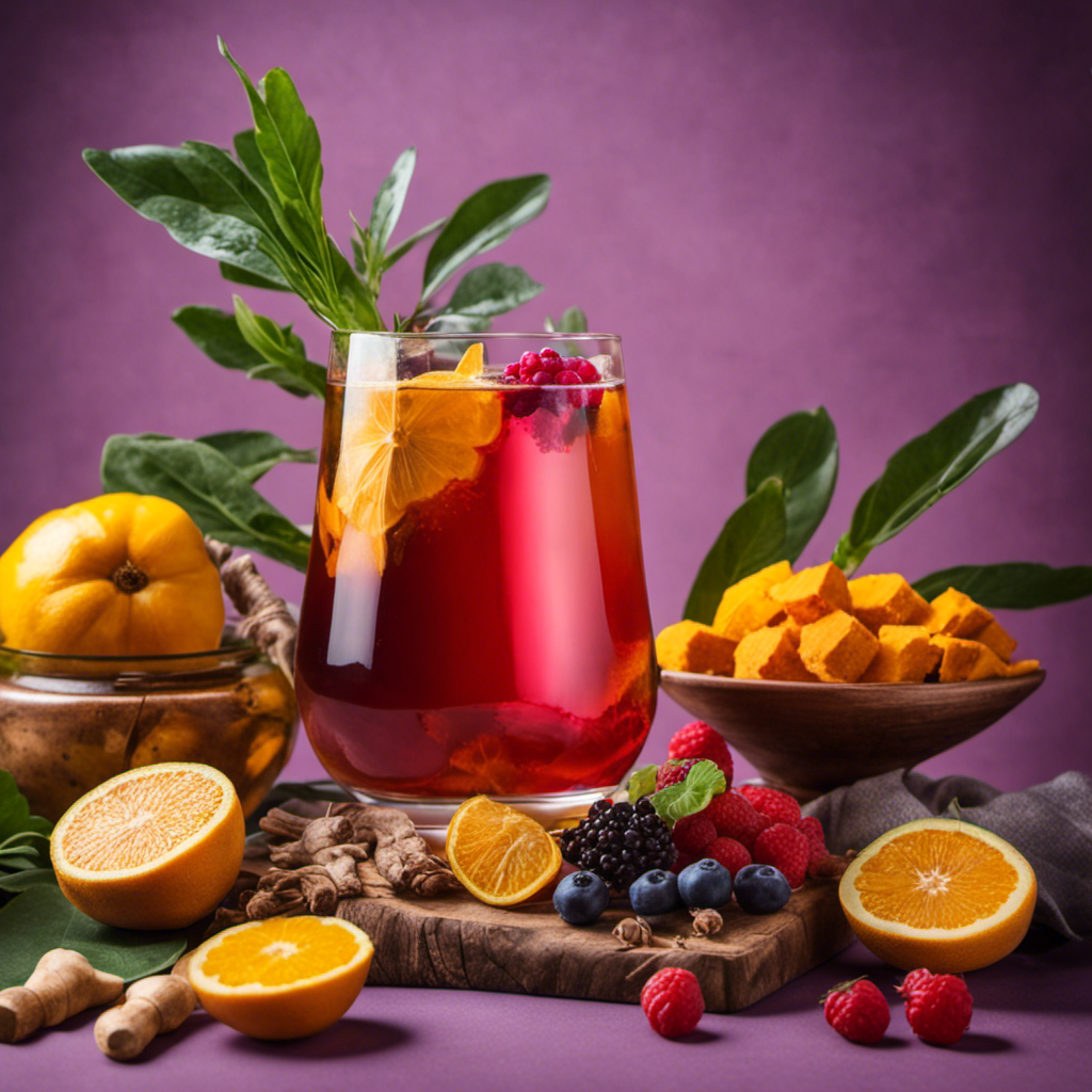An image showcasing a vibrant glass filled with Kombucha tea, surrounded by an assortment of colorful anti-inflammatory ingredients like turmeric, ginger, and berries, symbolizing the potential benefits for Rheumatoid Arthritis