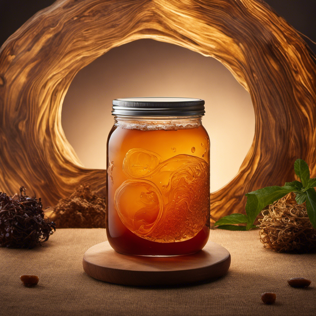 An image showcasing the intricate fermentation process of Kombucha tea: a glass jar filled with sweetened tea, adorned with a thick SCOBY layer